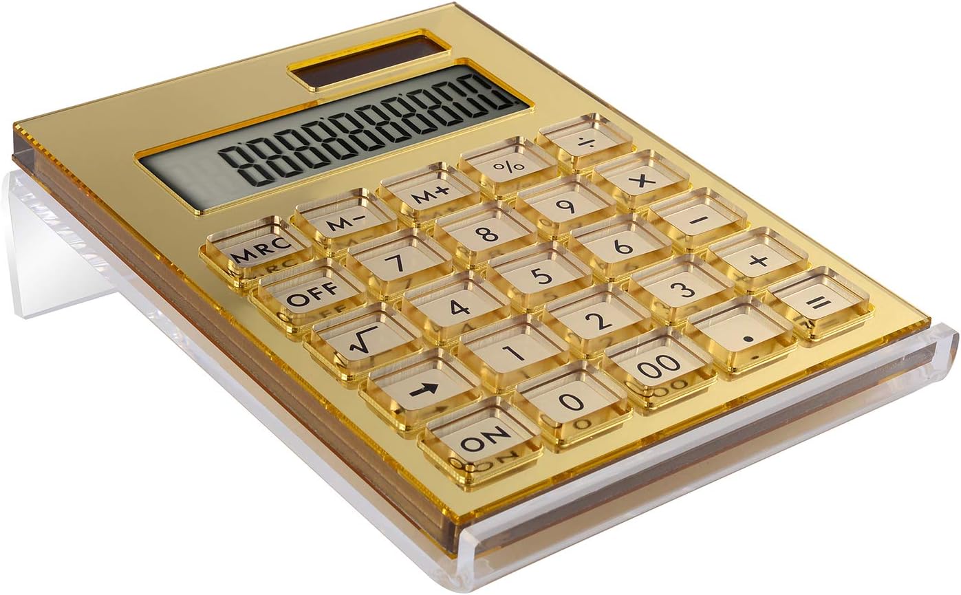 Acrylic Calculator with Stand, Battery and Solar Hybrid Powered Basic Calculator 12-Digit LCD Display,Home Office Desktop Accessories(Silver)