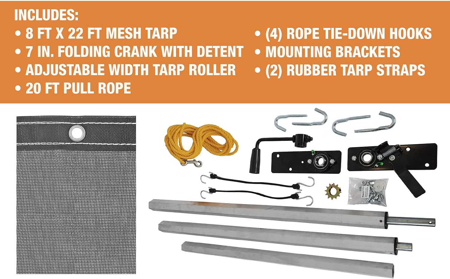 Buyers Products DTR7018 Aluminum Tarp System with Mesh Tarp, 7 x 18 Feet – Dump Body Tarp Kit, Dump Trailer Accessories, Heavy Duty Double-Stitched Hems, Brass Grommets, Telescoping Roller