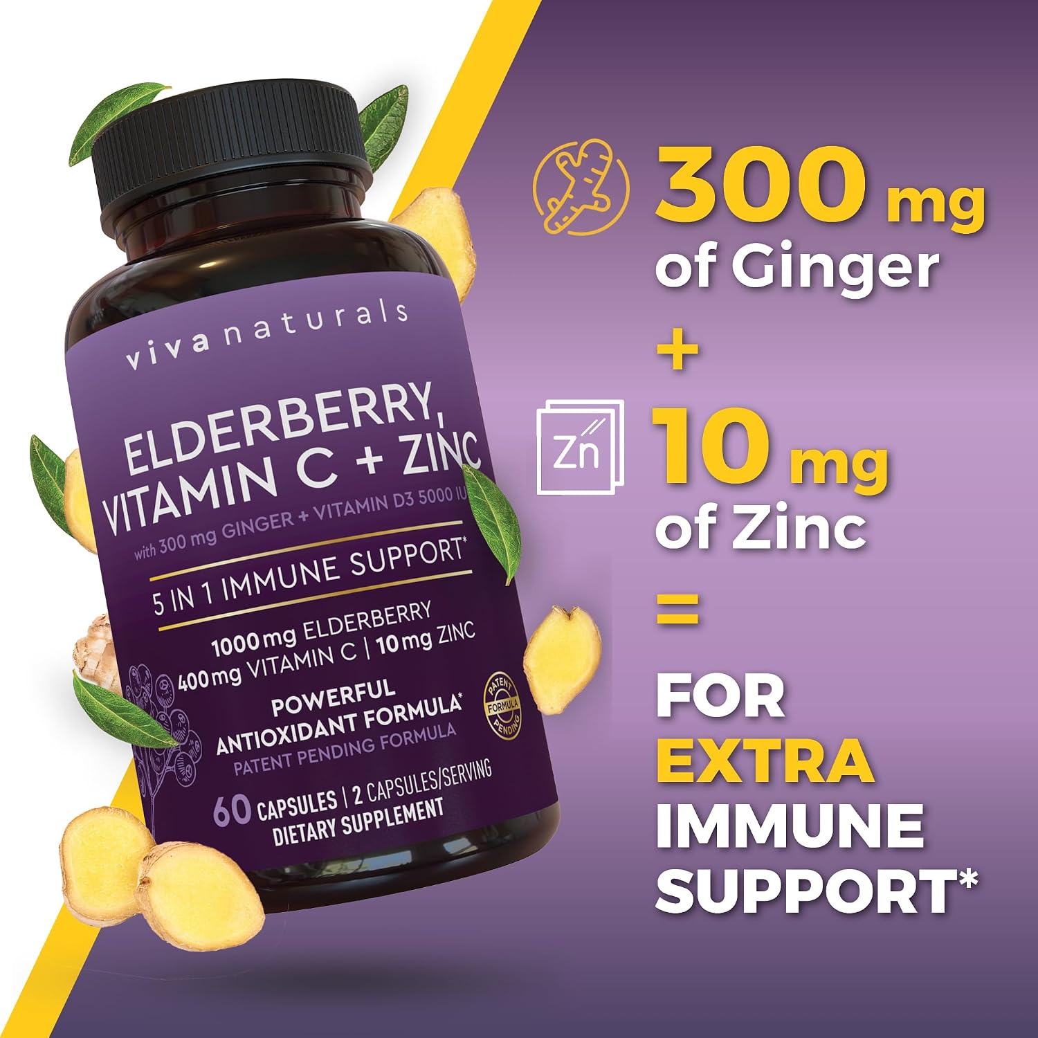 Viva Naturals Elderberry with Vitamin C and Zinc for Adults - 5 in 1 Sambucus Black Elderberry Capsules with Vitamin D3 5000 IU Immunity Supplement