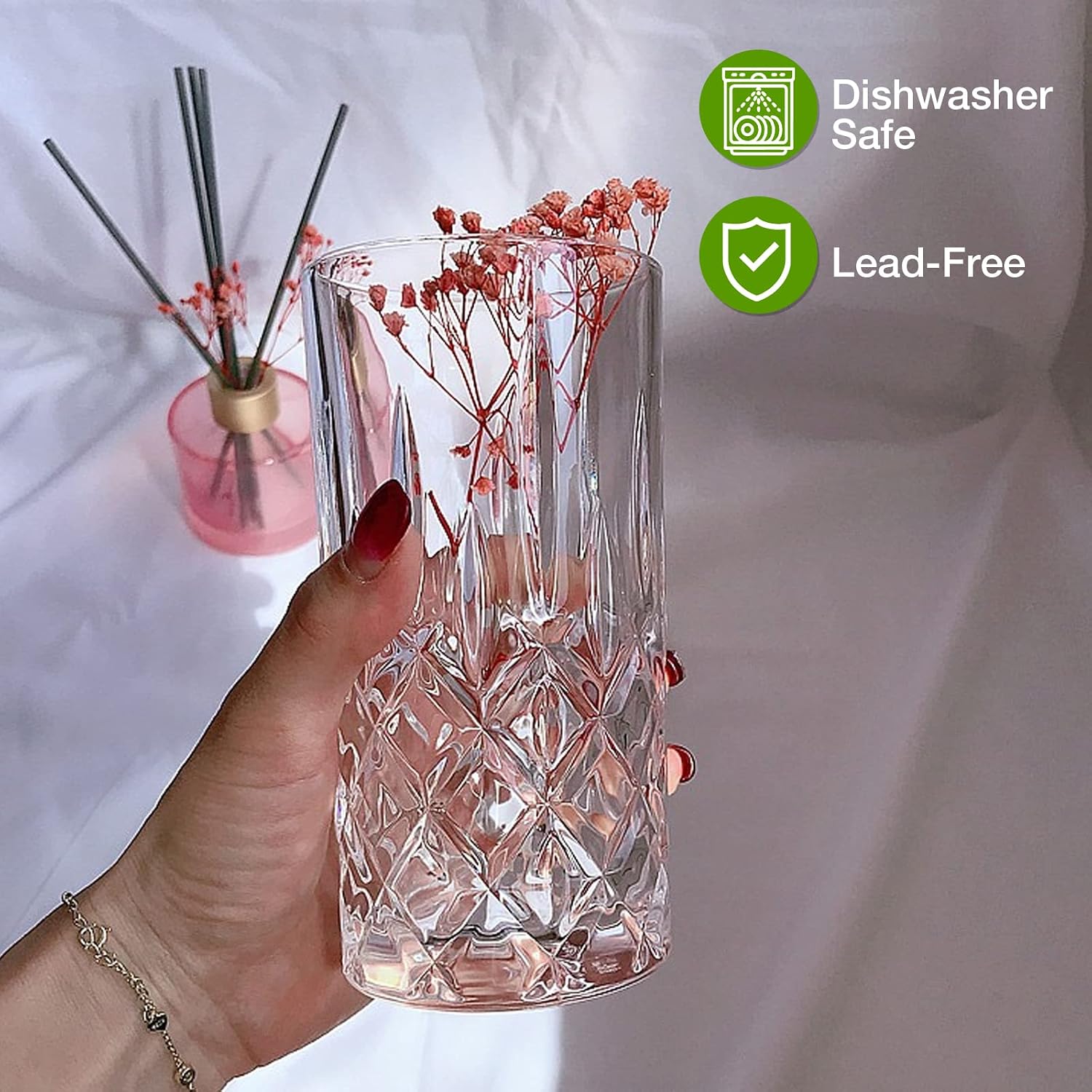 Qipecedm Drinking Glasses, 8 Piece Crystal Glass Cups, Mixed Glassware Set, 4 pcs Crystal Old Fashioned 11oz Highballs and 4 pcs 11oz Whiskey Glasses