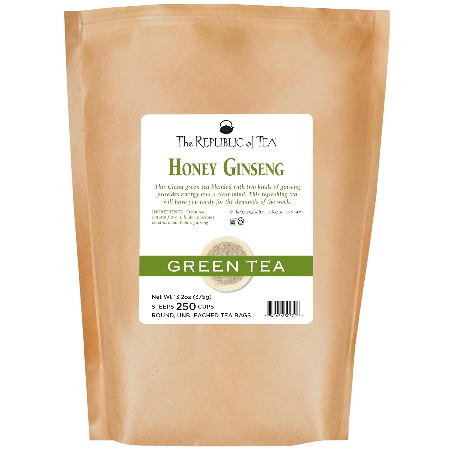 The Republic of Tea Daily Green Honey Ginseng Green Tea, 50 Count | Low Caffeine. A gentle cup for everyday sipping. Fresh with light vegetal notes. Gluten Free and Carb Free.