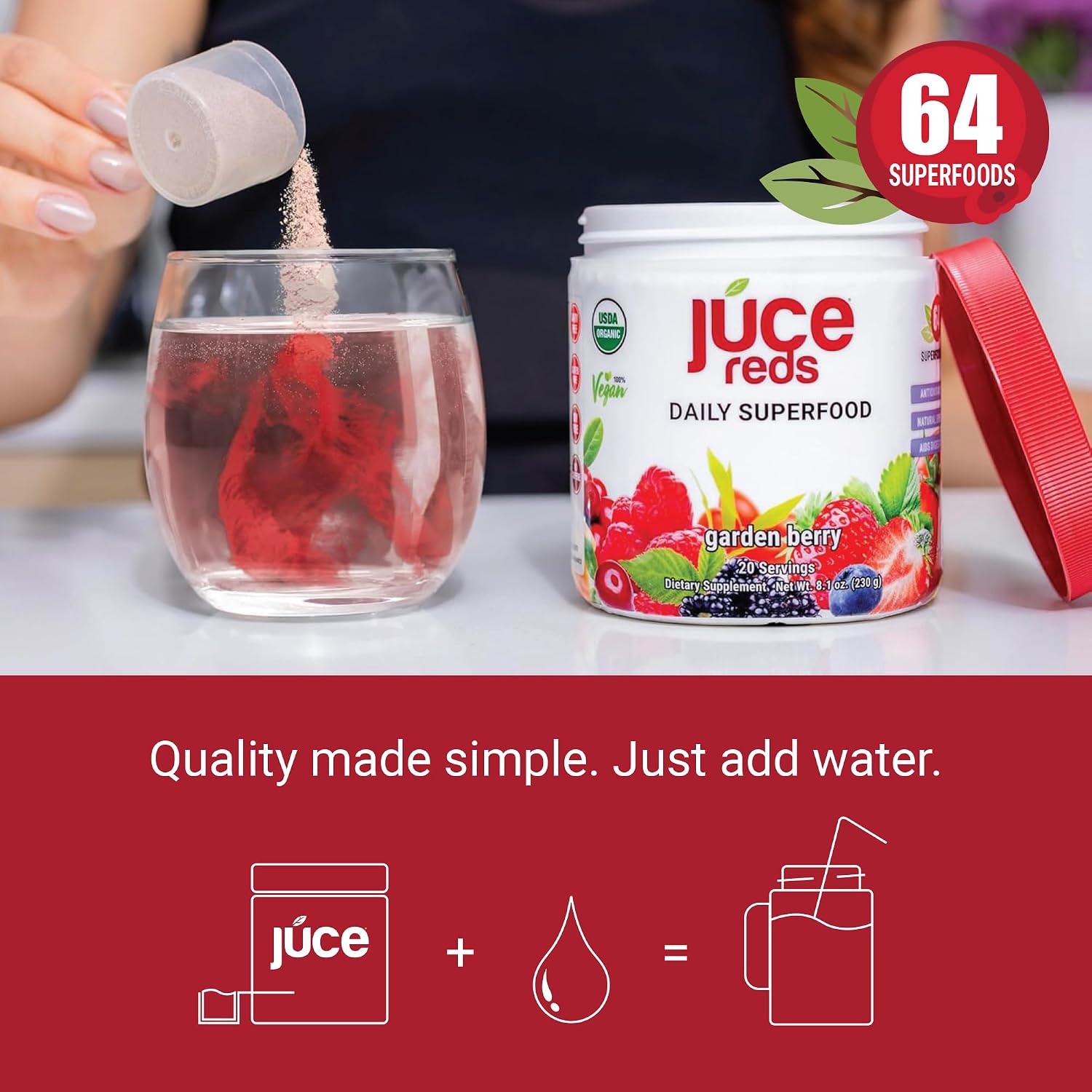 Juce Reds Organic Superfood Powder | Beet Root, 64 Superfoods | 20 Servings | Garden Berry flavor | Probiotics