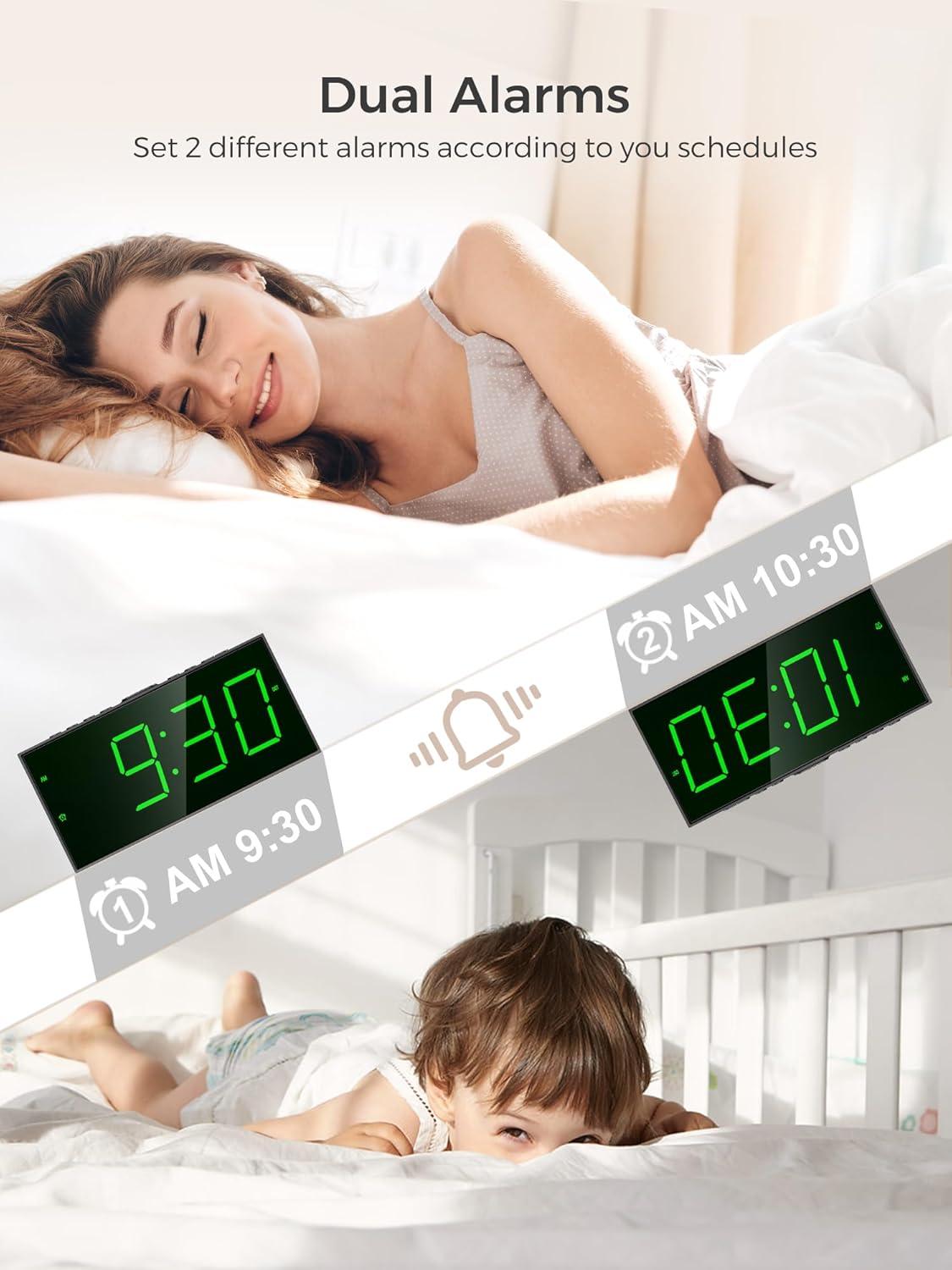 Digital Alarm Clocks for Bedrooms, Dual Alarms, 7.5-Inch Large Display