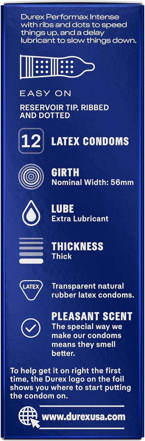 Condoms, Ultra Fine, Ribbed, Dotted with Delay Lubricant, Durex Performax Intense Natural Rubber Latex Condoms, 12 Count, Contains Desensitizing Lube for Men