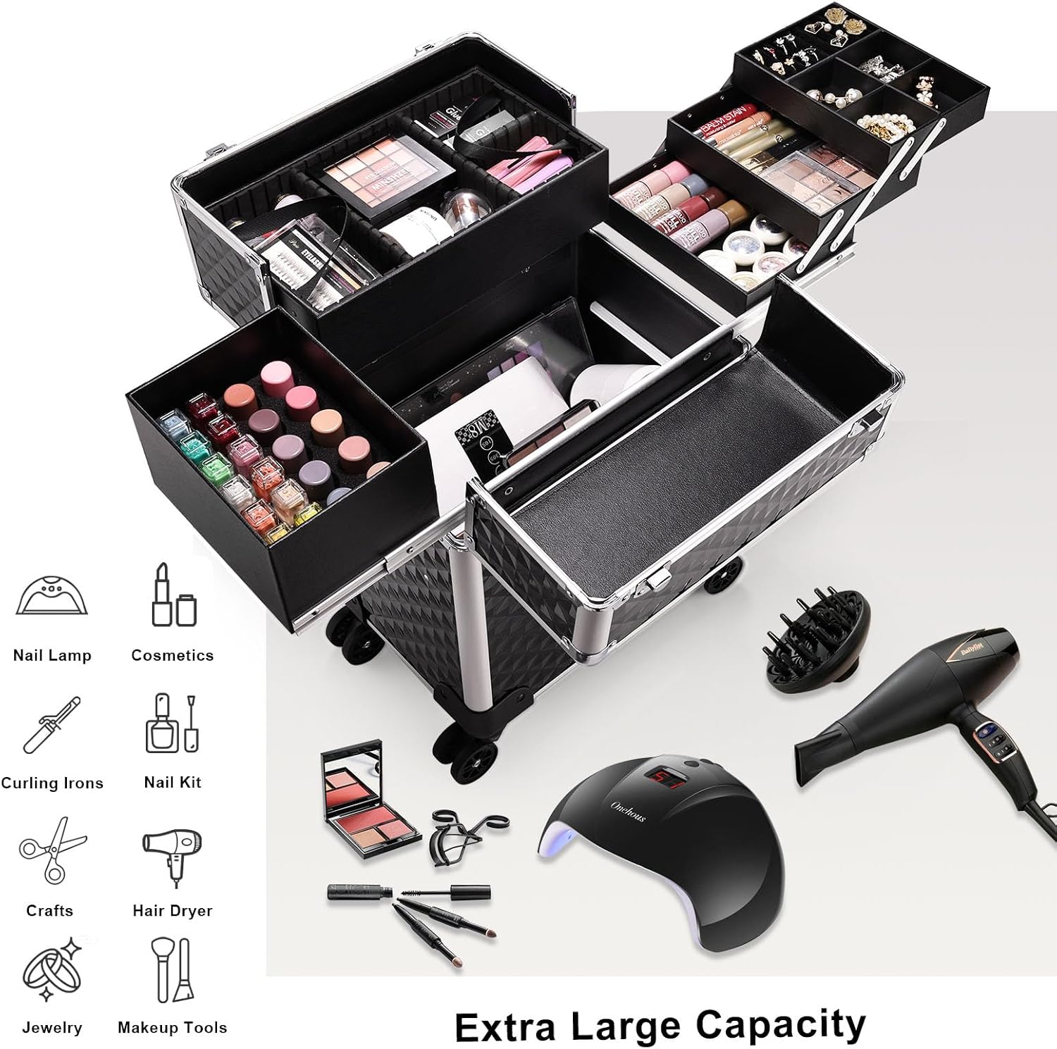 Stagiant Rolling Makeup Train Case Large Storage Cosmetic Trolley 4 Tray with Sliding Rail Removable Middle Layer with Key Swivel Wheels Salon