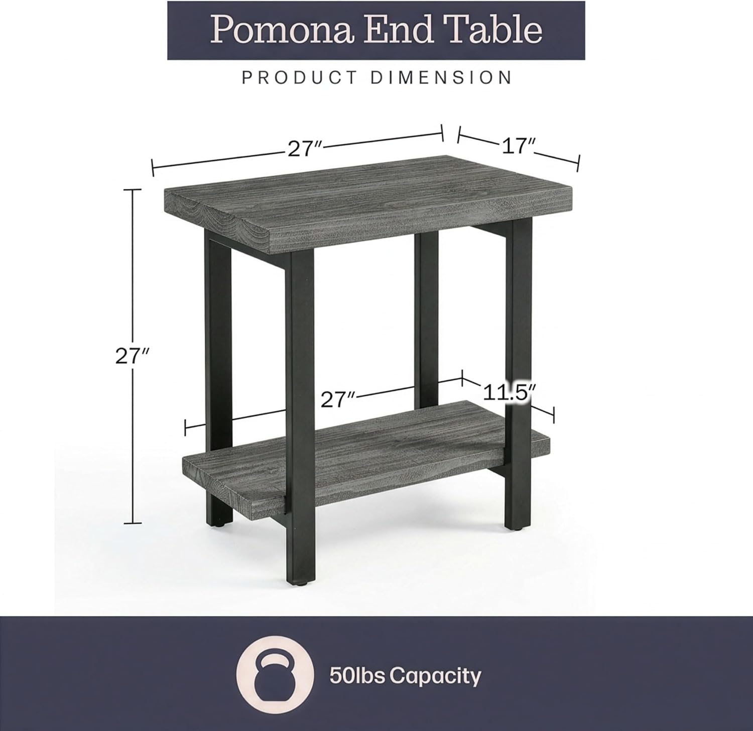Alaterre Furniture Pomona Solid Wood 2-Tier End Table, Rustic Brown, 27” | Nightstand with Storage Shelf and Metal Legs, Industrial Farmhouse Chair Side Table for Living Room or Bedroom