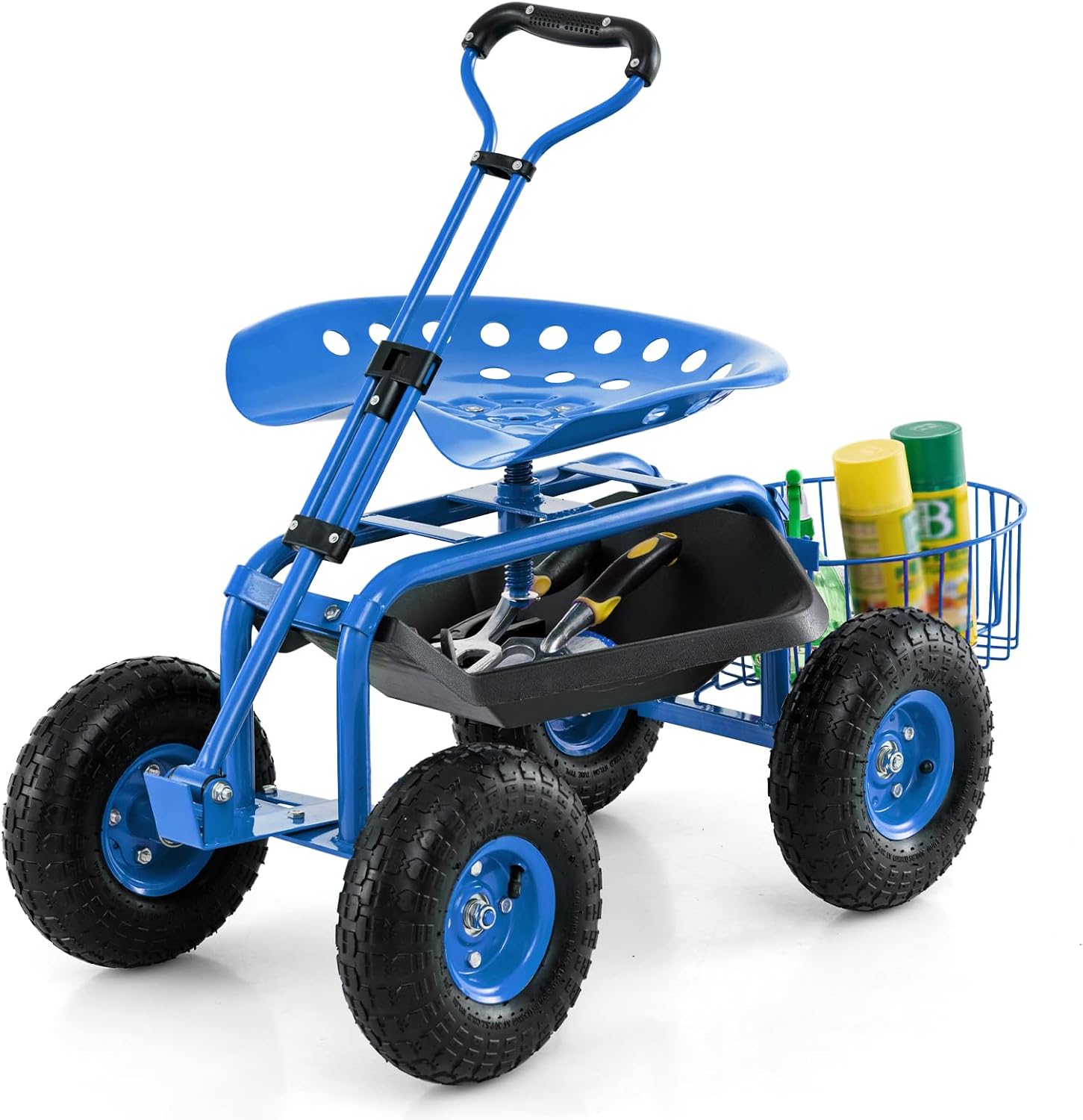 Goplus Rolling Garden Cart with Seat, Outdoor Garden Stool with Wheels, Tool Tray & Basket, Adjustable Steering Handle