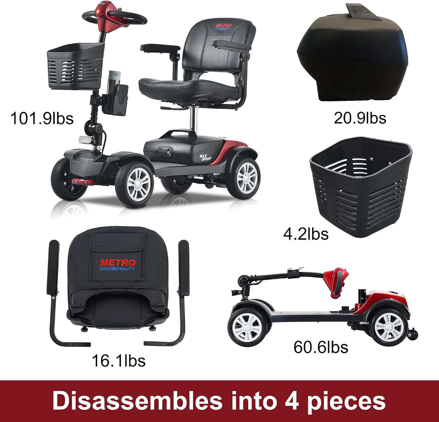 Metro Mobility 4 Wheel Powered Mobility Scooter for Seniors - 300 lbs Capacity Electric Mobility Scooter for Adults - Long Range Power Extended