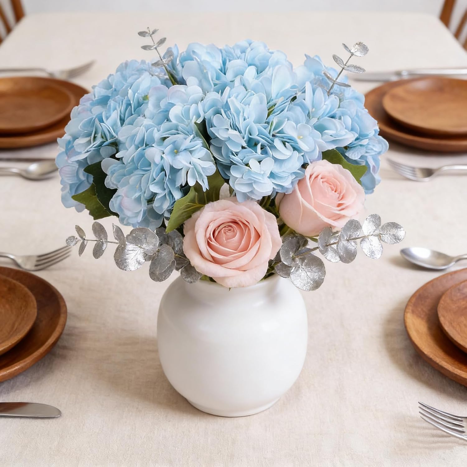 Kimura's Cabin 6pcs Silk Hydrangeas Artificial Flowers,Deep Lake Blue