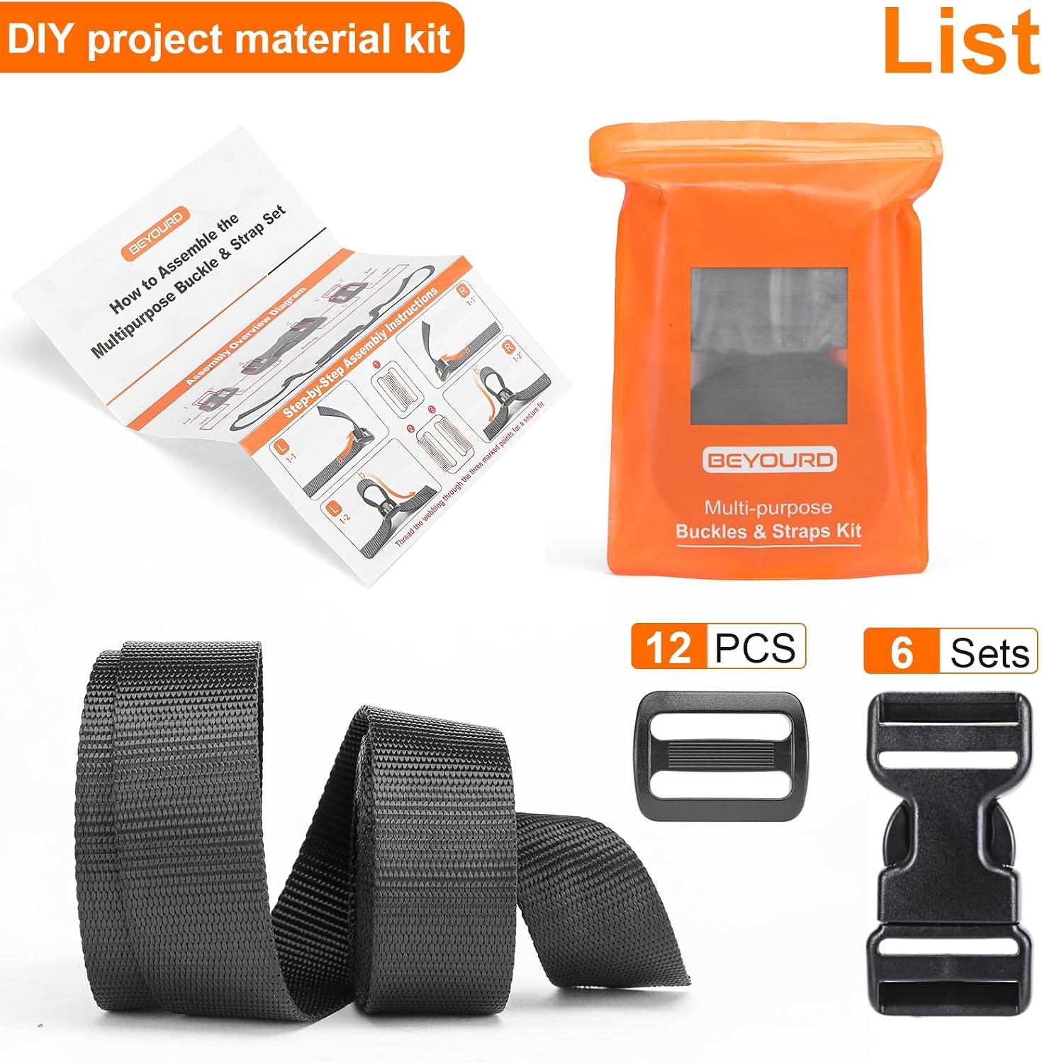 BEYOURD Buckles and Straps Set 1": 6 Yards of Thick Nylon Webbing, 6-Pack Heavy Duty Adjustable Quick Side Release Plastic Buckles