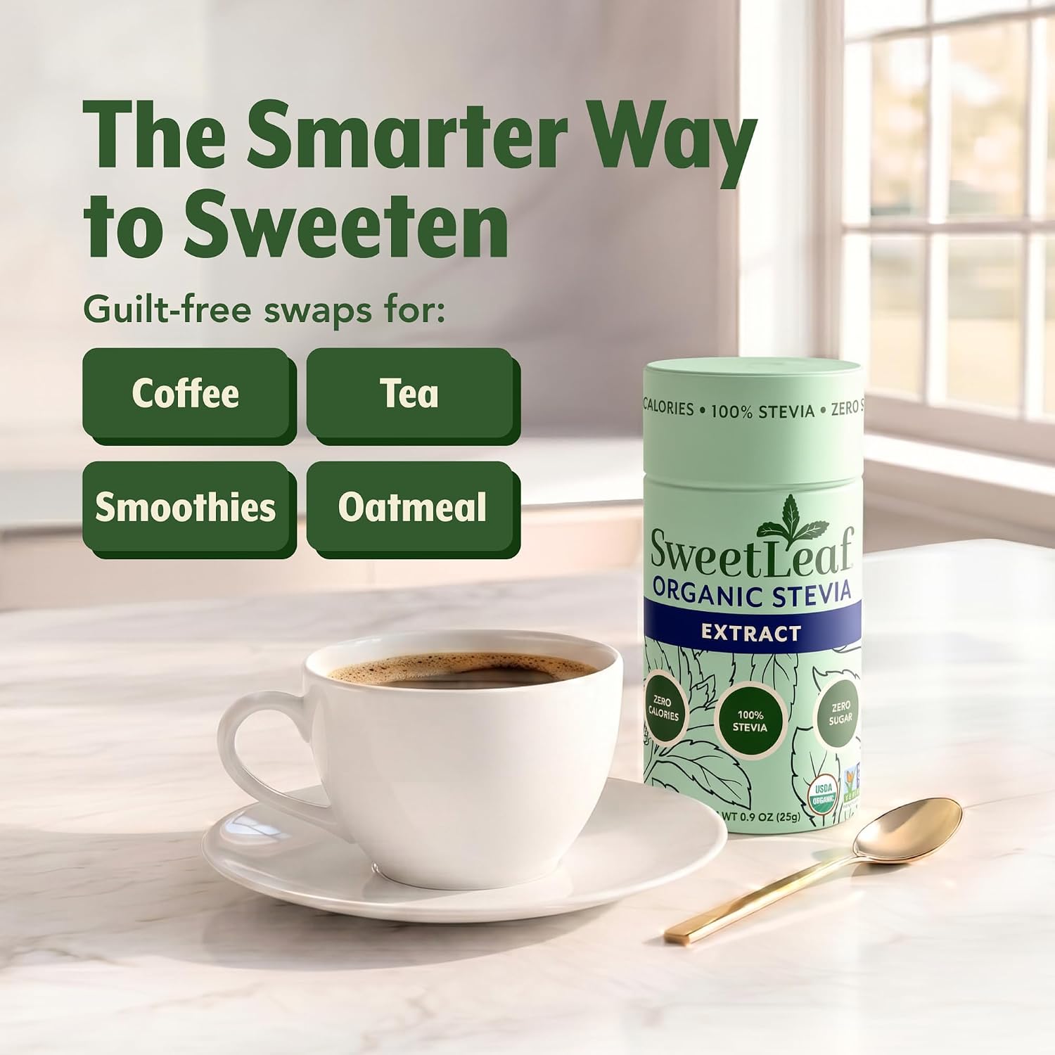 SweetLeaf Organic Pure Stevia Powder Shaker Jar, Sugar Free- 0.9 Oz, 1 Pack | Zero Calorie Sweetener No Erythritol, Stevia Leaf Extract, Natural Sugar Substitute for Coffee & Baking
