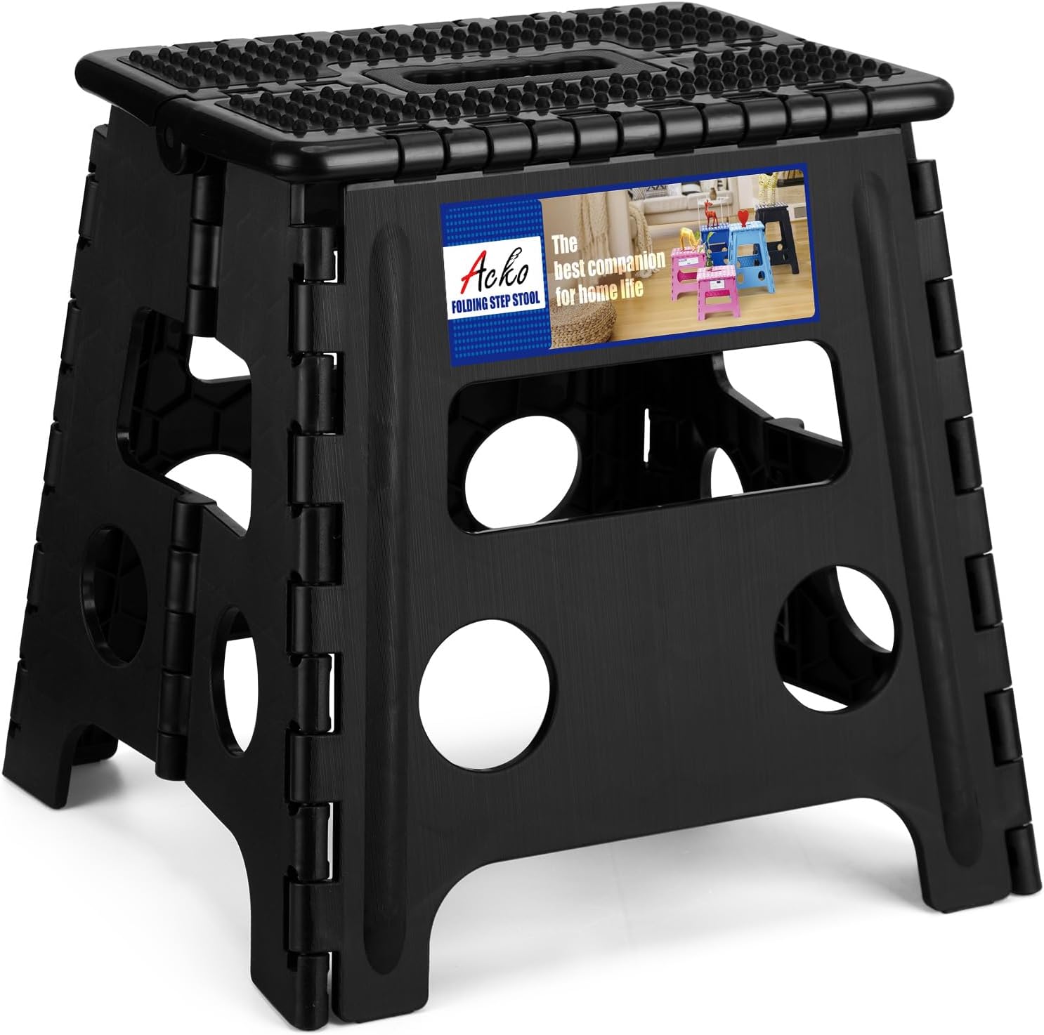 ACKO 13 Inch Folding Step Stool, Holds 300 lb for Adults and Kids, Black | Collapsible Heavy Duty Foldable Stools, Portable Non-Slip Foot Stepping stool, Kitchen Bathroom Bedroom Outdoor with Handle
