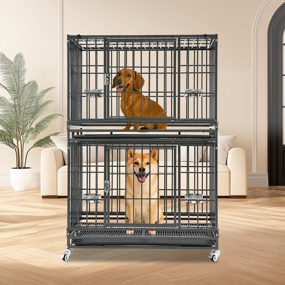 Homey Pet Taller 43" Heavy Duty Double Dog Crates with Divider & Dual Door | Drop Cage for Dogs with Lockable Wheels, Bowls, Removable Tray, Top Access, Ideal for Small to Medium & Large Dogs, Breeders