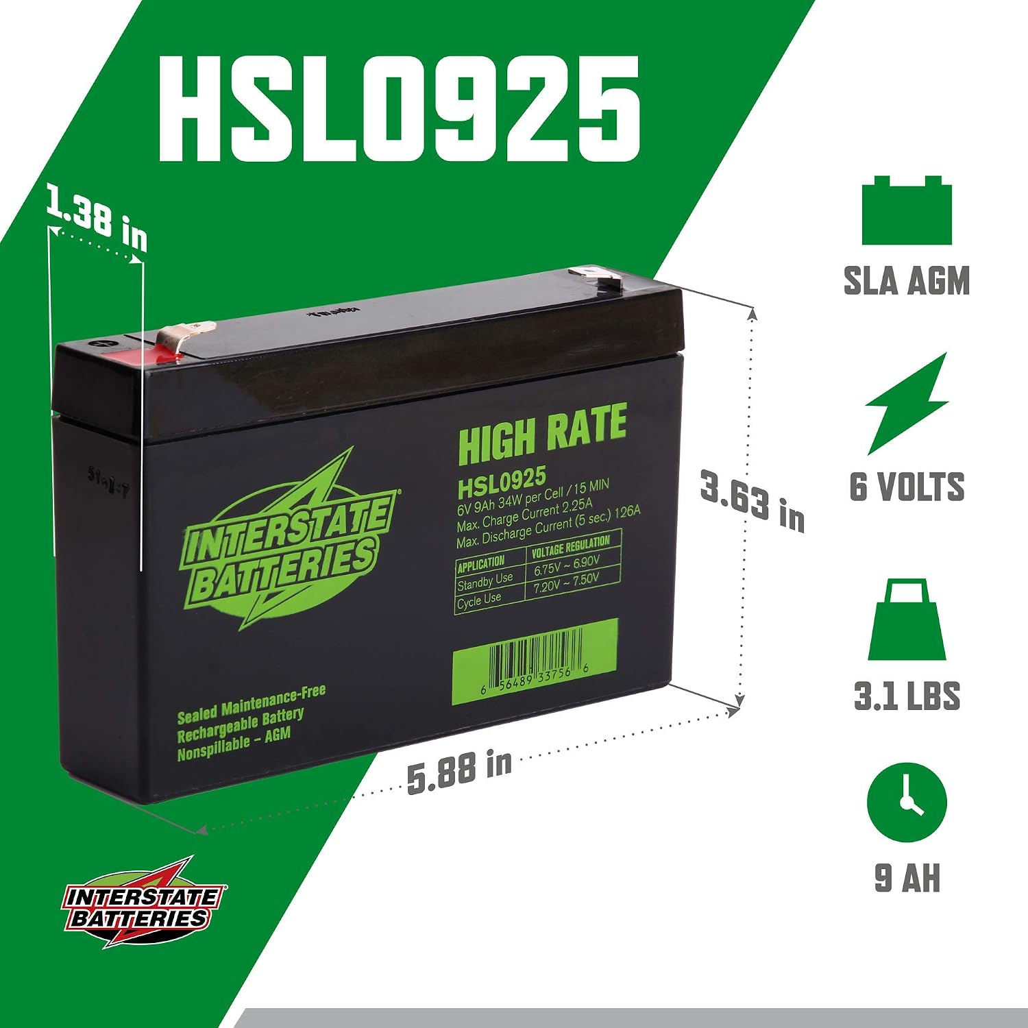 Interstate Batteries High Rate Battery 6V 9Ah SLA AGM VRLA HSL0925
