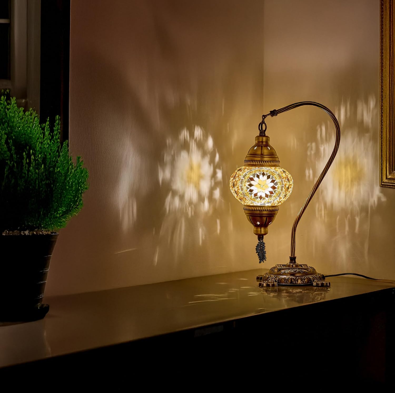 DEMMEX Turkish Table Lamp Moroccan Bedside Light Handmade Tiffany Mosaic Glass Boho Artisan Accent Lighting for Bedroom Living Room, Antique Brass Finish – 15" H, Multicolor