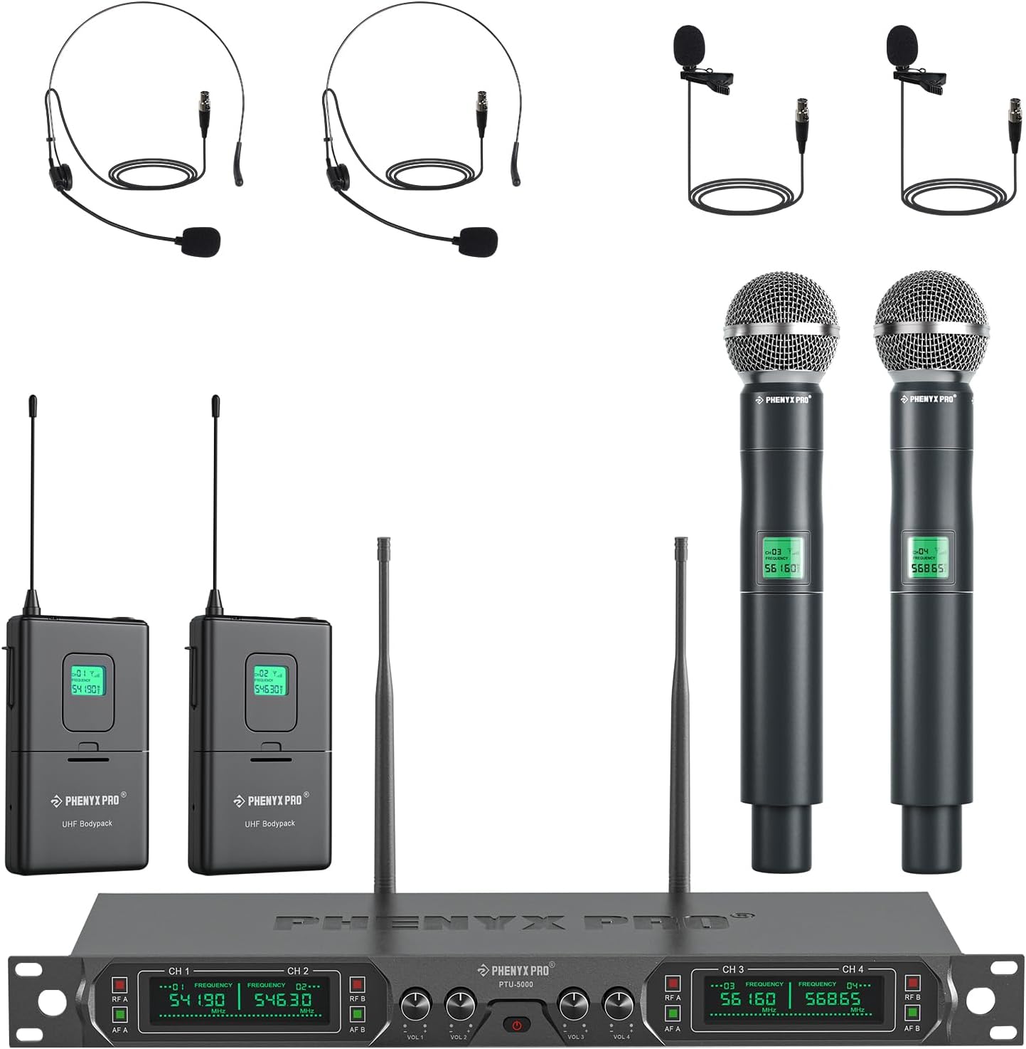 Phenyx Pro 4-Ch UHF Fixed Frequency Wireless Microphone PTU-5000-2H2B | 2 Handheld Mics, 2 Bodypacks, Headset/Lapel Mics, Metal Build, 260 ft Range