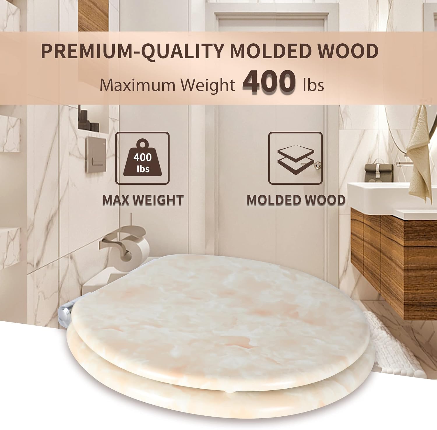Angel Shield Marble Toilet Seat Durable Molded Wood with Quiet Close,Easy Clean，Quick-Release Hinges (Elongated,Black Marble)