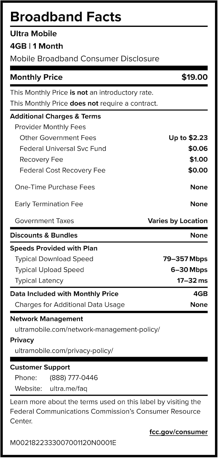 $19/mo. Ultra Mobile Prepaid Phone Plan with Unlimited Talk, Text and 4GB of 5G • 4G LTE Data (SIM Card Kit)