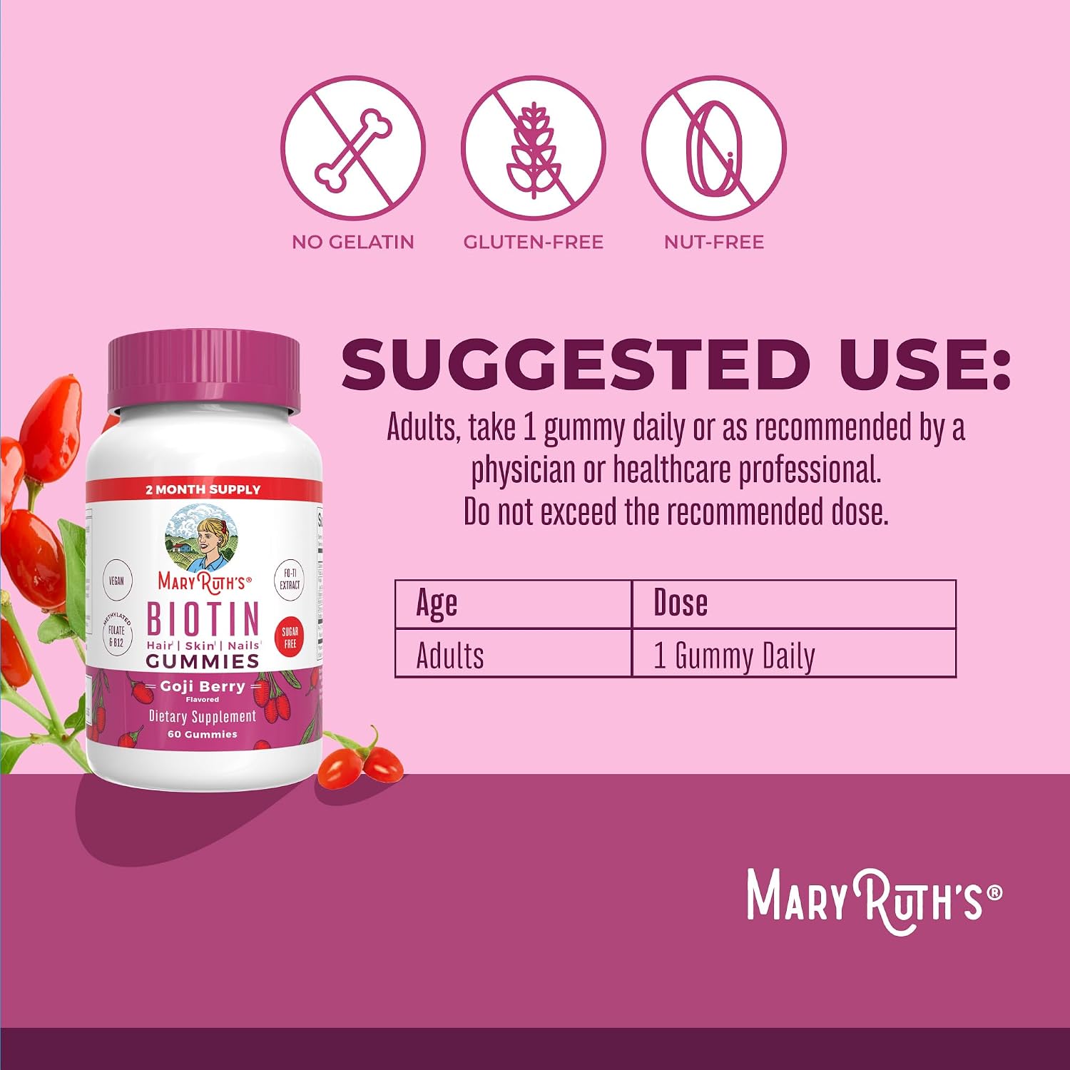 MARYRUTH'S Biotin Gummies, Hair Growth, Vegan, Sugar Free, Non-GMO, 60 Ct | Sugar Free, Vegan, Non-GMO, 2,500 mcg Biotin, Hair Skin and Nails