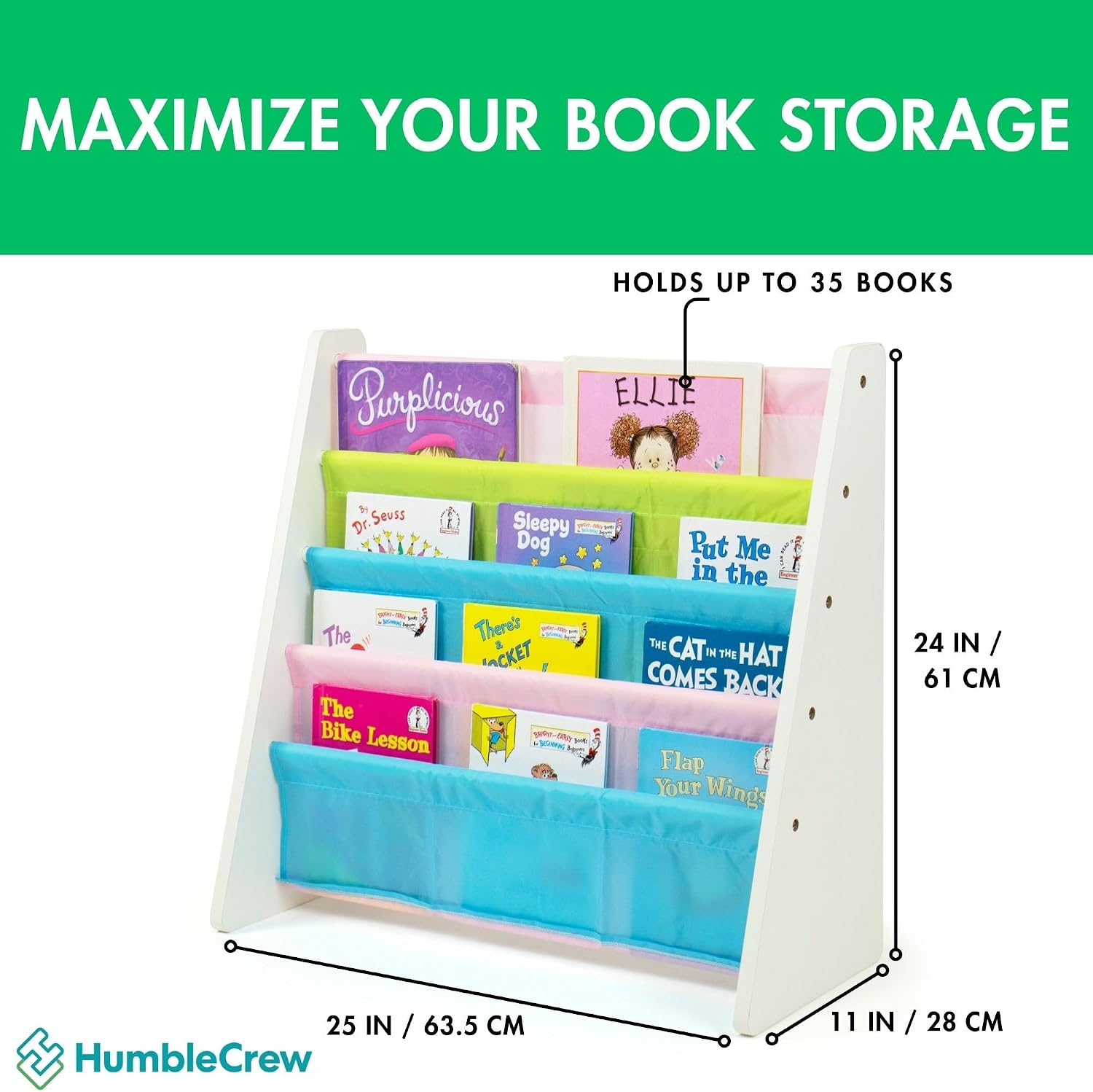 Humble Crew Kids Bookshelf, Montessori Front Facing Toddler Bookcase 4 Tier | Book display rack and reading nook organizer, nylon pockets show covers face out, compact for any playroom or bedroom space