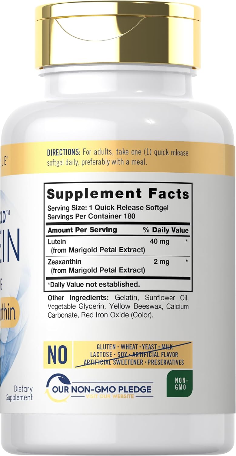 Carlyle Lutein and Zeaxanthin Supplement | 40mg | 180 Softgels | Pills for Eyes | Eye Health Vitamins | Visi-Gold | Non-GMO and Gluten Free