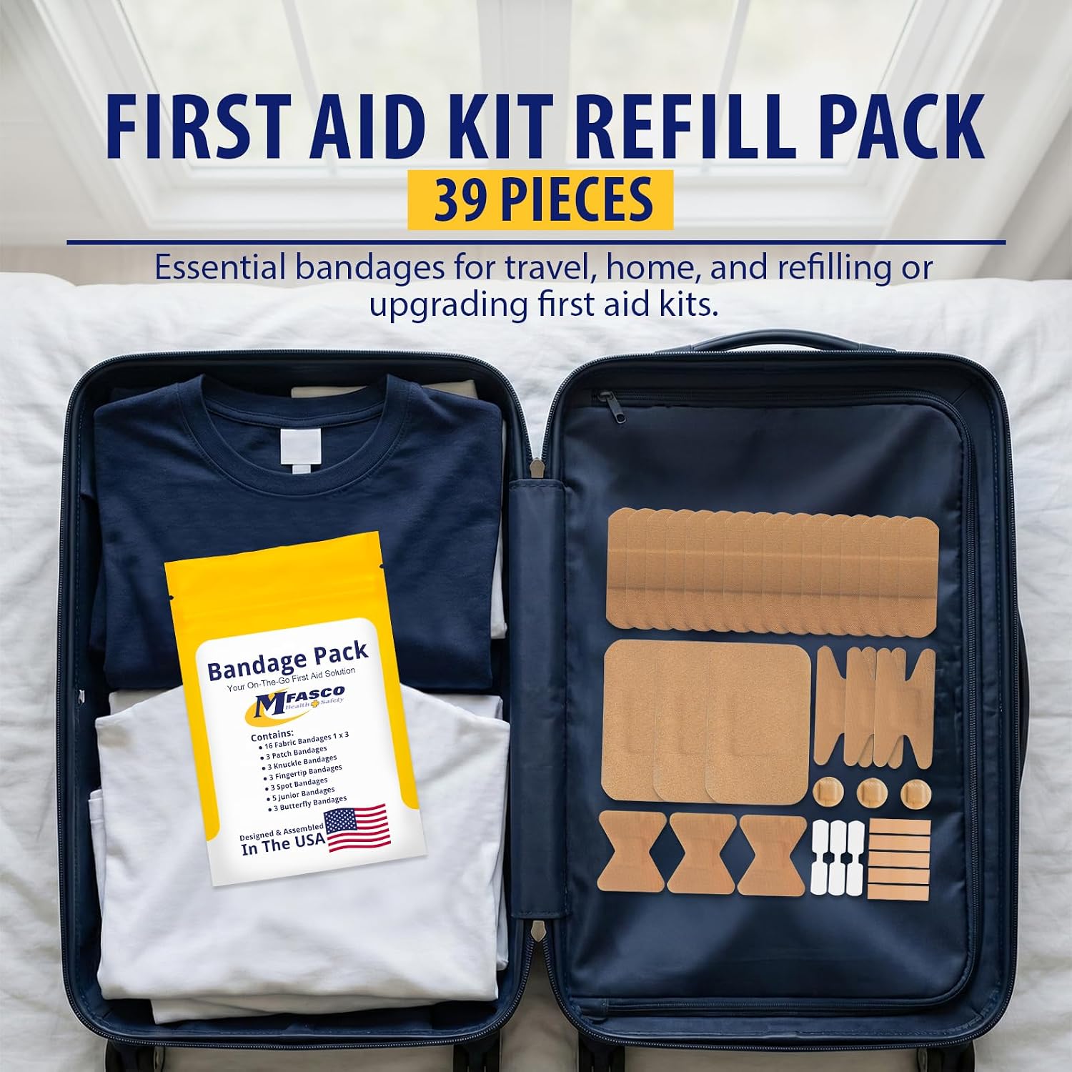 MFASCO Antiseptic Wound Care Travel Pack | 39 Piece First Aid Kit Refill | BZK, Antiseptic Wipes, Sting Relief, Wound Ointment | Essential First Aid Supplies | Refill Personal First Aid Kits