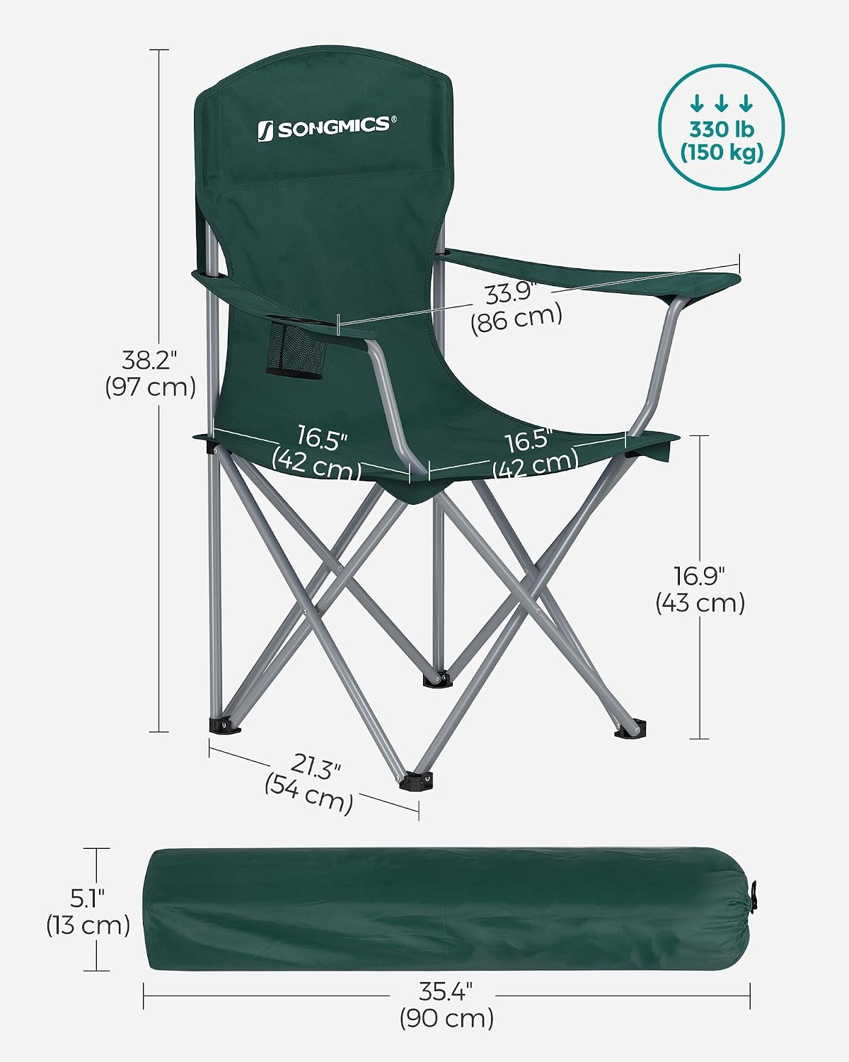 SONGMICS Folding Camping Chair, 450 lb Capacity | Folding lawn chair with cup holder and heavy-duty design, Ink Black, UGCB066B01