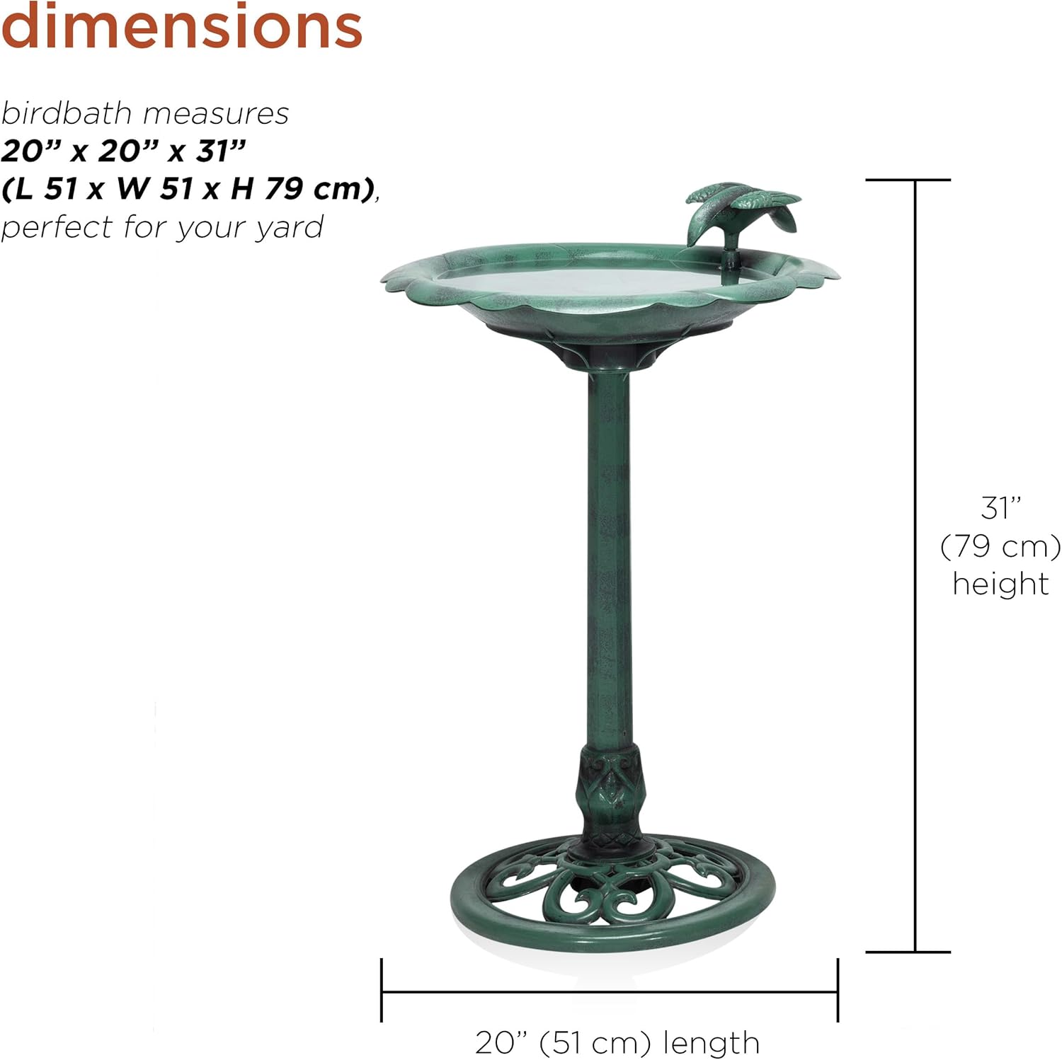 Alpine Corporation TEC116 Outdoor Aged Green Pedestal Birdbath with Scrollwork, 28" Tall, Green