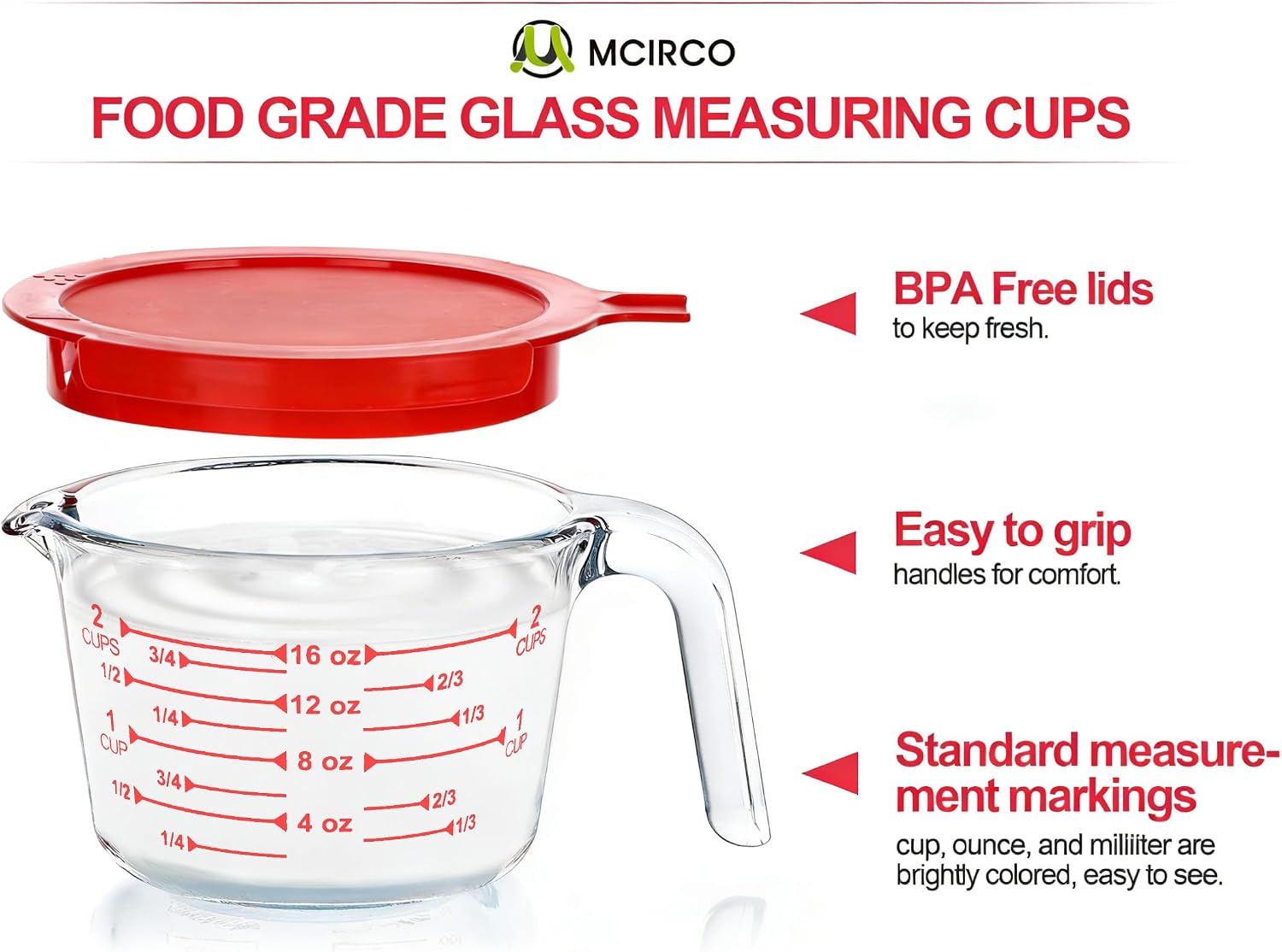M MCIRCO 6 Pcs Glass Measuring Cups with Lids Set, 1 Cup, 2 Cup, 4 Cup | Measuring Jugs with Handle, Nesting Liquid Measuring Cups for Kitchen