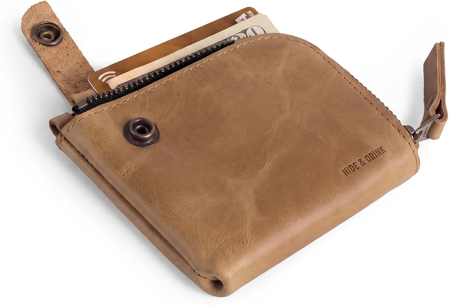 Hide & Drink, Leather Zippered Wallet, Holds Up to 6 Cards Plus Folded Bills, Pouch Organizer, Cash Holder, Travel Essentials, Mini, Pocket-Size, Handmade (Bourbon Brown)