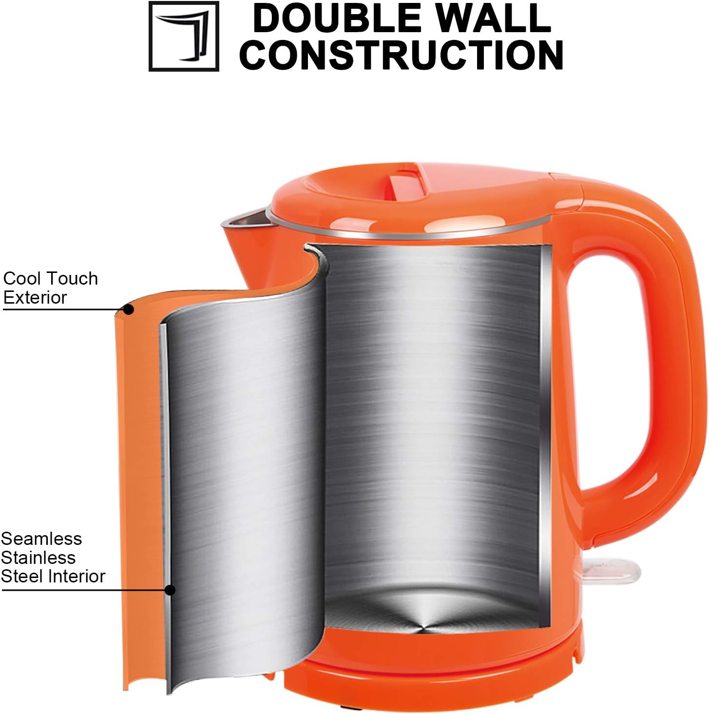 Secura Stainless Steel Double Wall Electric Kettle Water Heater for Tea Coffee w/Auto Shut-Off and Boil-Dry Protection, 1.0L (Orange) SWK-1001DO/HB-K012