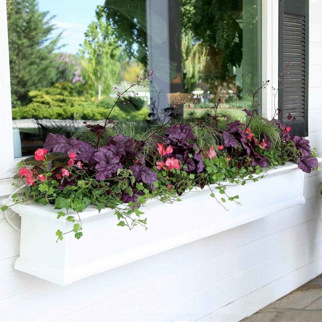 Mayne Yorkshire 60in Self-Watering Rectangular Window Box Planter, White | Self-watering, All season, Fade resistant, Customizable, Mounting brackets included, Built-in overflow, 15-year warranty