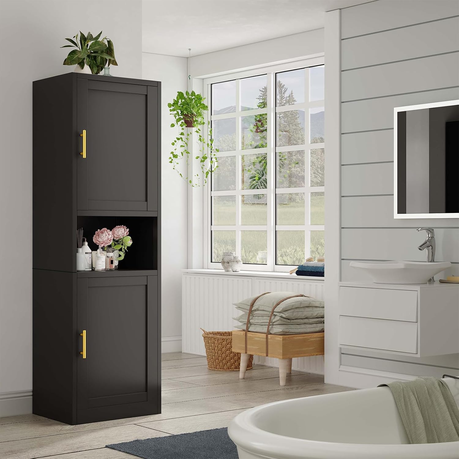pozdeg 67" Tall Narrow White Metal Storage Cabinet | 2 Doors, 4 Adjustable Shelves, Freestanding Slim Pantry Organizer for Bathroom Kitchen Living Room