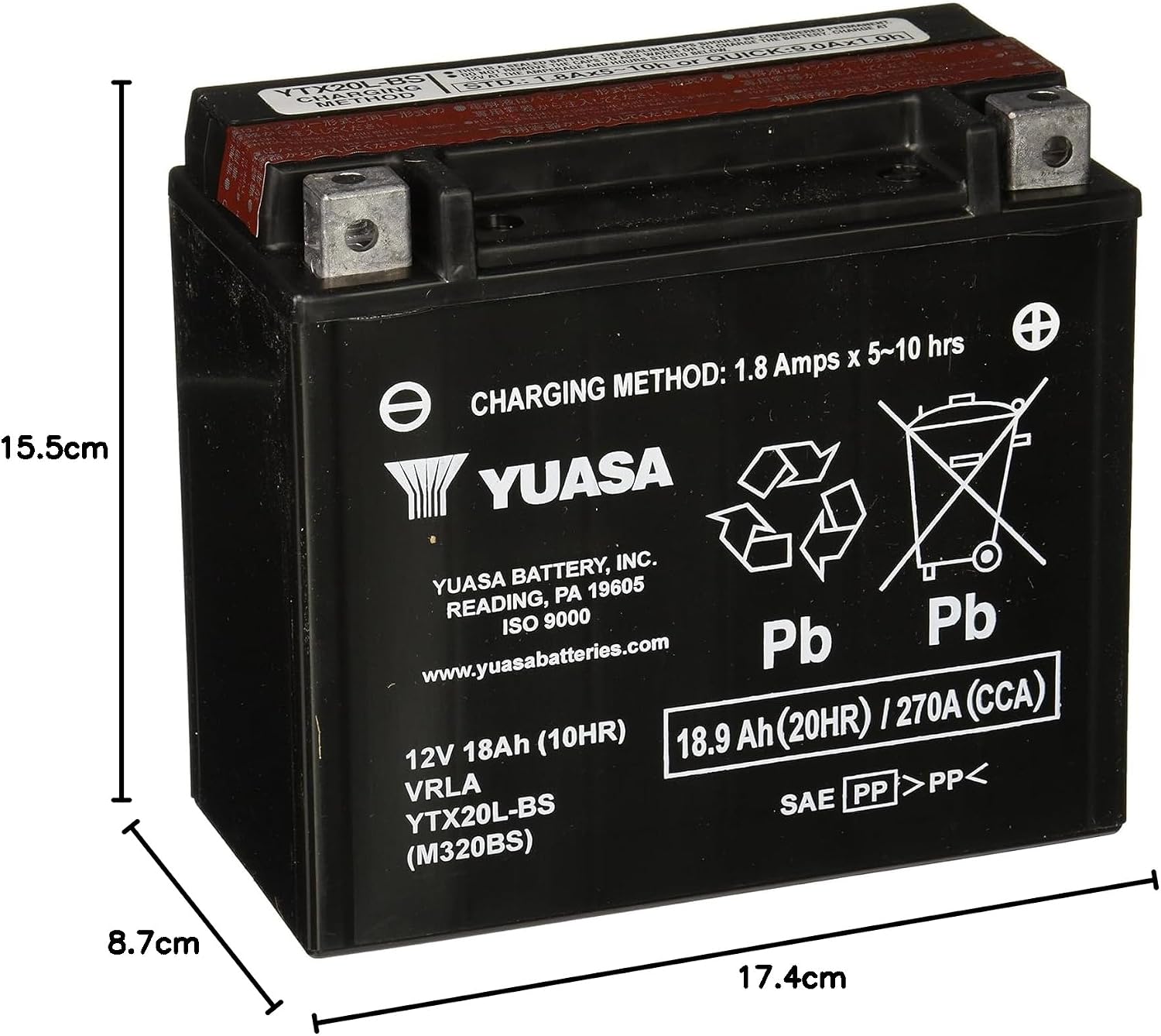 Yuasa YUAM320BS YTX20L-BS Maintenance Free AGM Battery with Acid pack