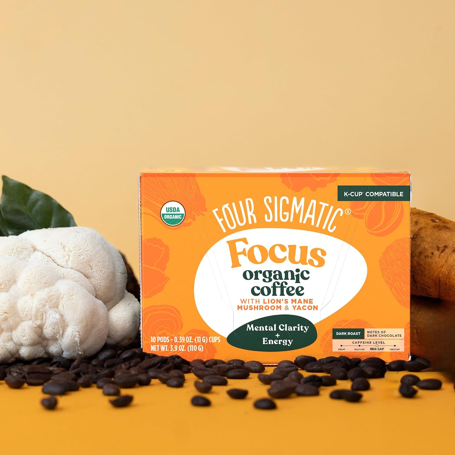 Four Sigmatic Mushroom Coffee K-Cups | Organic Dark Roast Coffee with Lion’s Mane Mushroom Powder & Yacon | Focus & Immune Support | Vegan & Keto