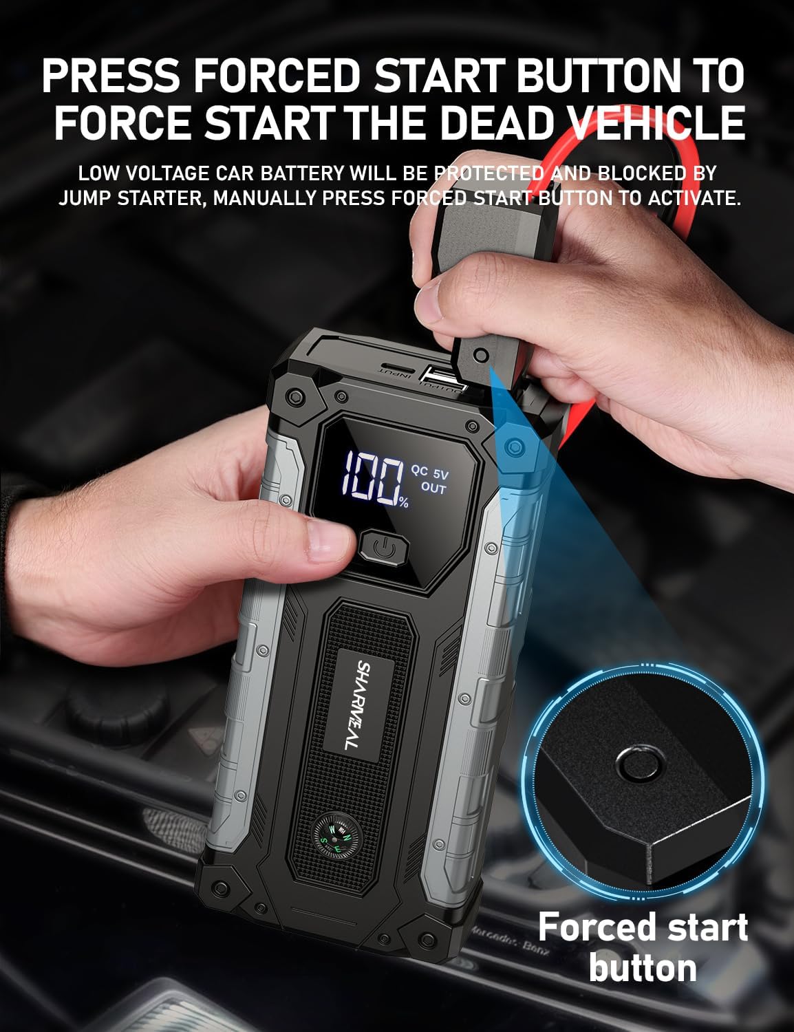 Sharmeal Car Battery Jump Starter 7000A, Jump Starter Battery Pack for All Gas and 12.0L Diesel, 12V Portable Jump Box with LED Light