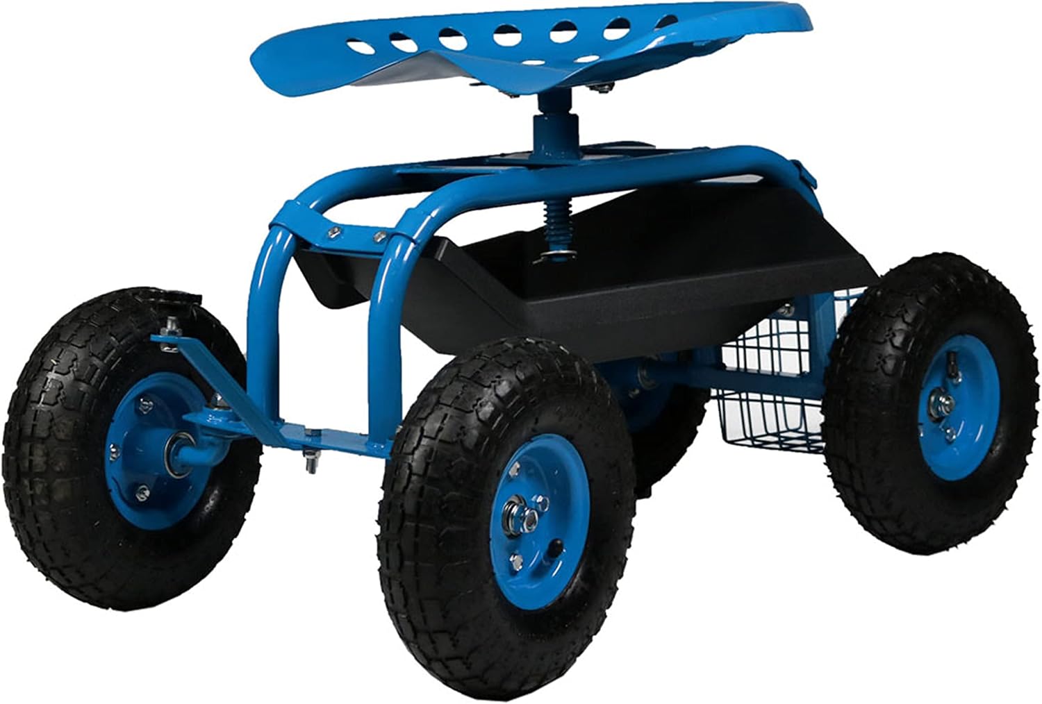 Sunnydaze Rolling Garden Cart with Seat - Garden Stool with Wheels and Adjustable 360-Degree Swivel Seat - Utility Tool Tray and Storage Basket - Green