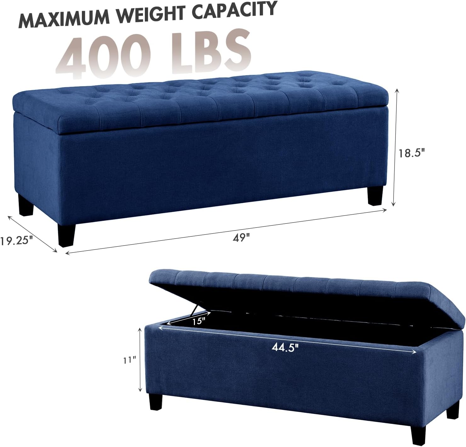Madison Park 49" Upholstered Storage Bench, Button Tufted End of Bed Bench with Storage, Dual Spring Soft-Close Lid, Bedroom Bench for Queen King Bed, Entryway Living Room, Grey