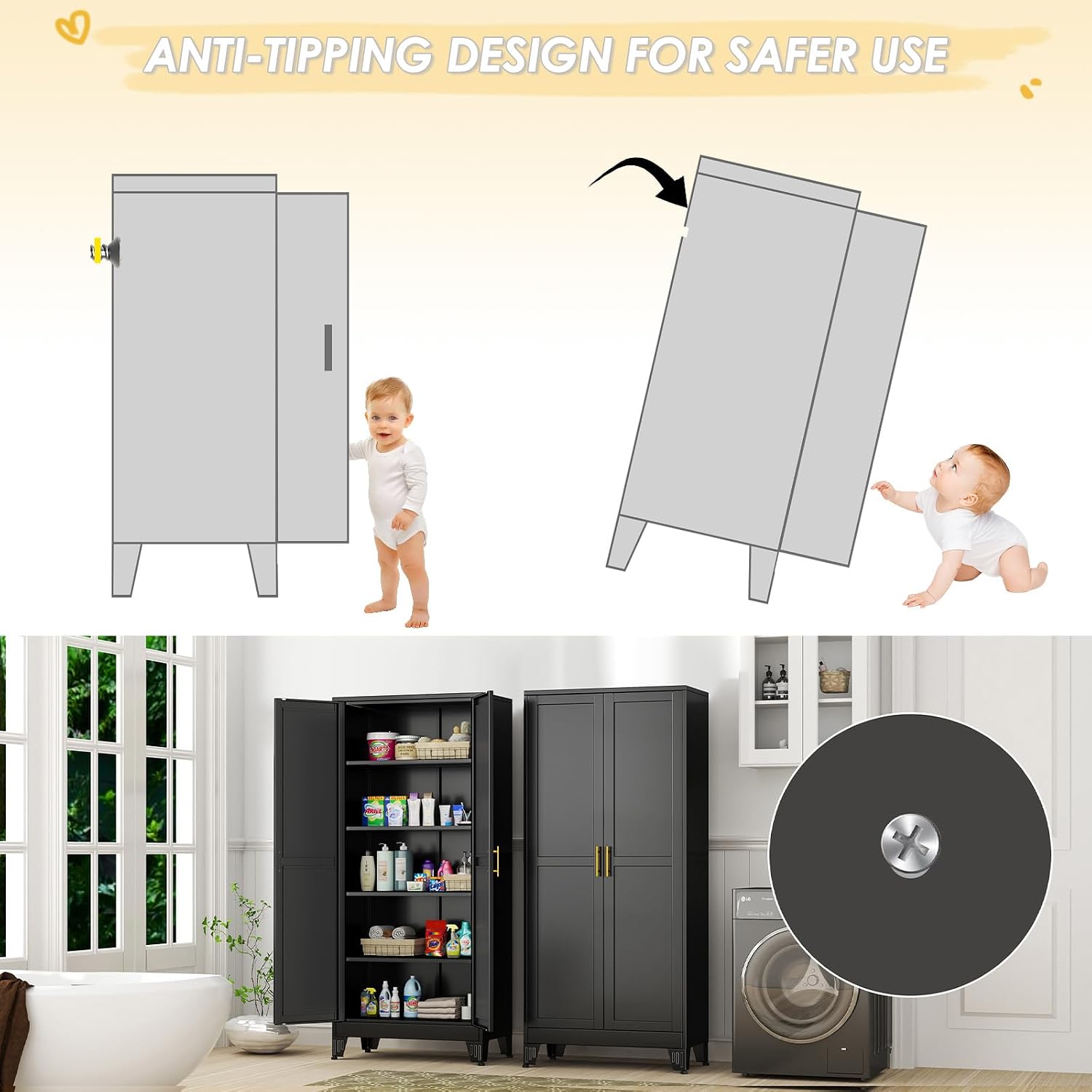 GAIOUS 75.2" Tall Metal Kitchen Pantry Storage Cabinets with 2 Door and 5 Adjustable Shelves, Cupboard for Kitchen, Dining Room, Living Room and Bathroom, White