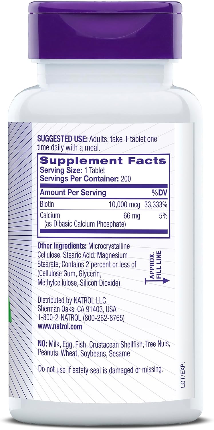 Natrol Biotin 10000mcg, 4X Faster Dissolve Supplement for Healthy Hair, Skin and Nails for Those Low in Biotin, Plus Energy Metabolism Support, 60 Tablets, Up to a 60 Day Supply