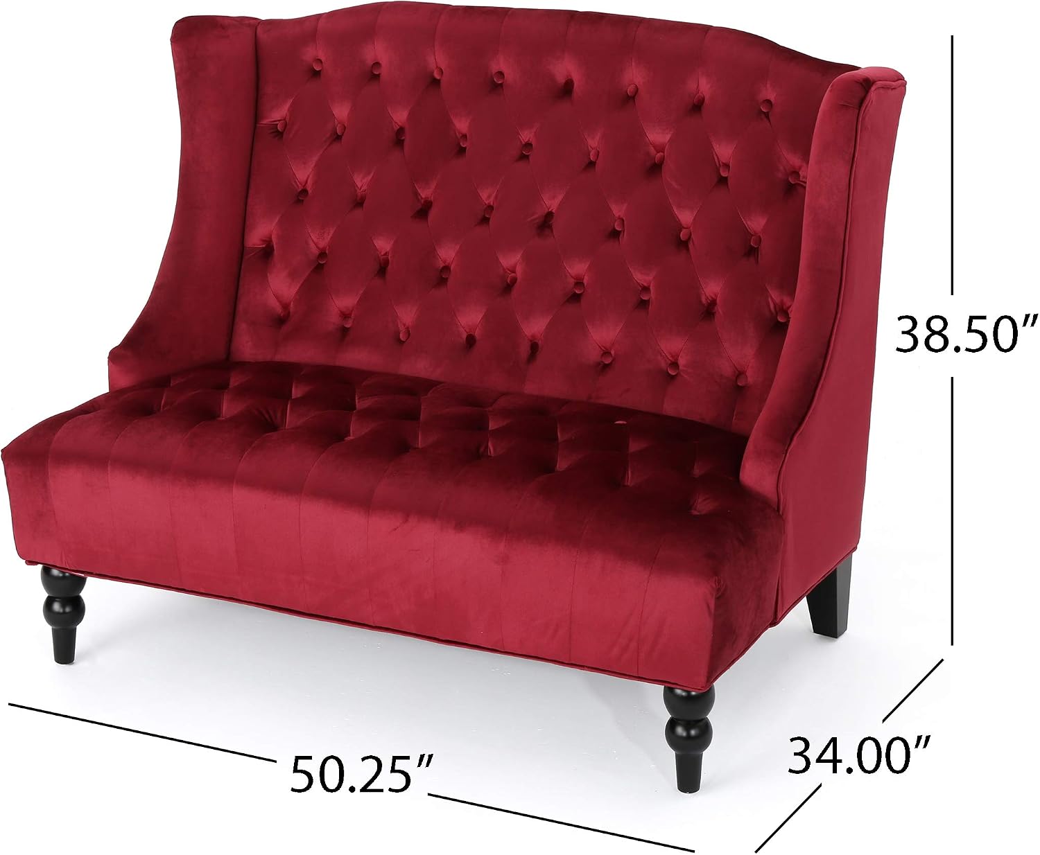 Christopher Knight Home GDFStudio Leona Modern Glam Tufted Velvet Wingback Loveseat, Wine and Dark Brown, 34.00 ''D x 50.25‘’W x 38.50'' H