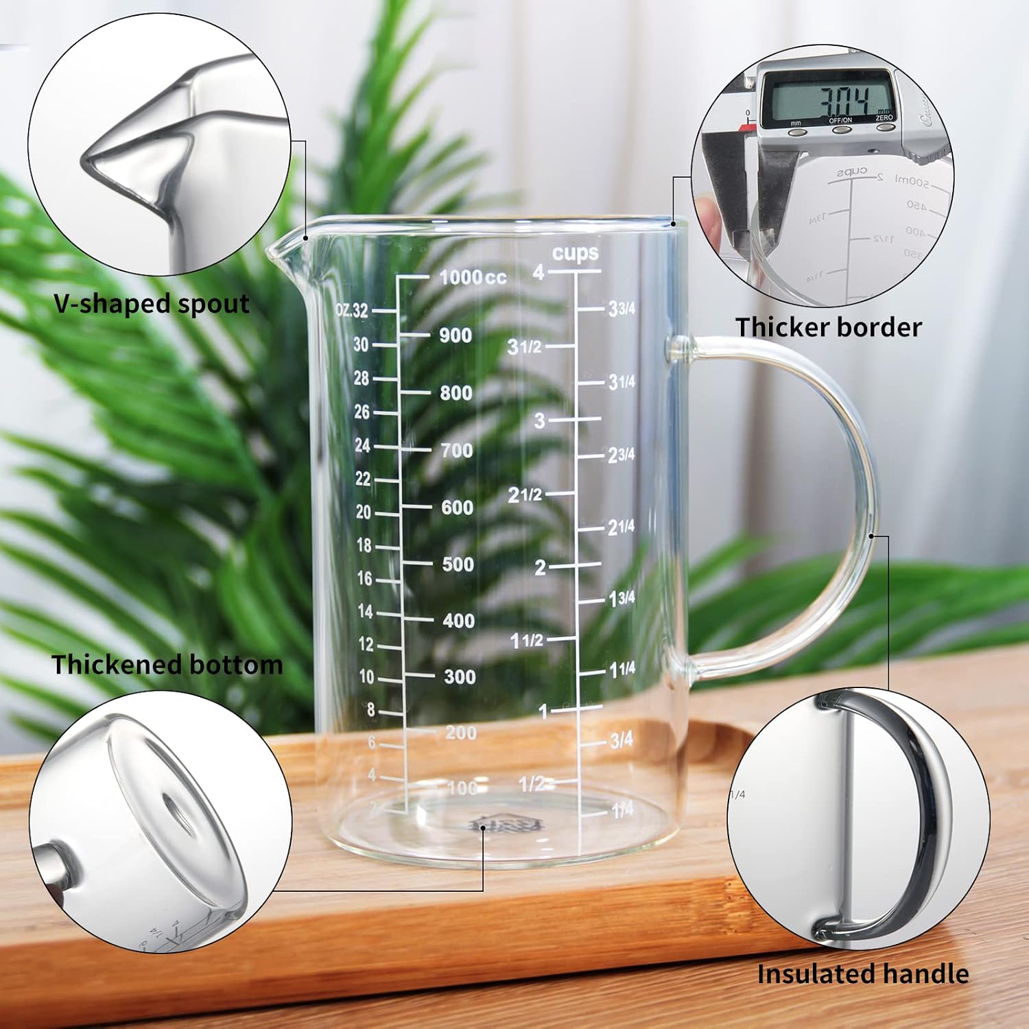 2 Cup Glass Measuring Cup, [Insulated handle, V-Shaped Spout], High Borosilicate Glass Measuring Cup for Kitchen or Restaurant, Easy To Read, 500 ML (0.5 Liter, 2 Cup)
