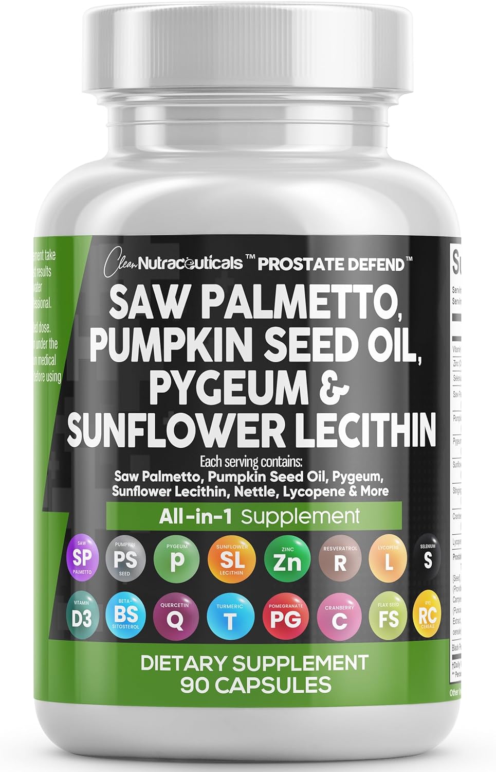 Clean Nutraceuticals Saw Palmetto Pumpkin Seed Oil Pygeum Sunflower Lecithin Stinging Nettle Cranberry - Prostate Supplements for Men with Lycopene