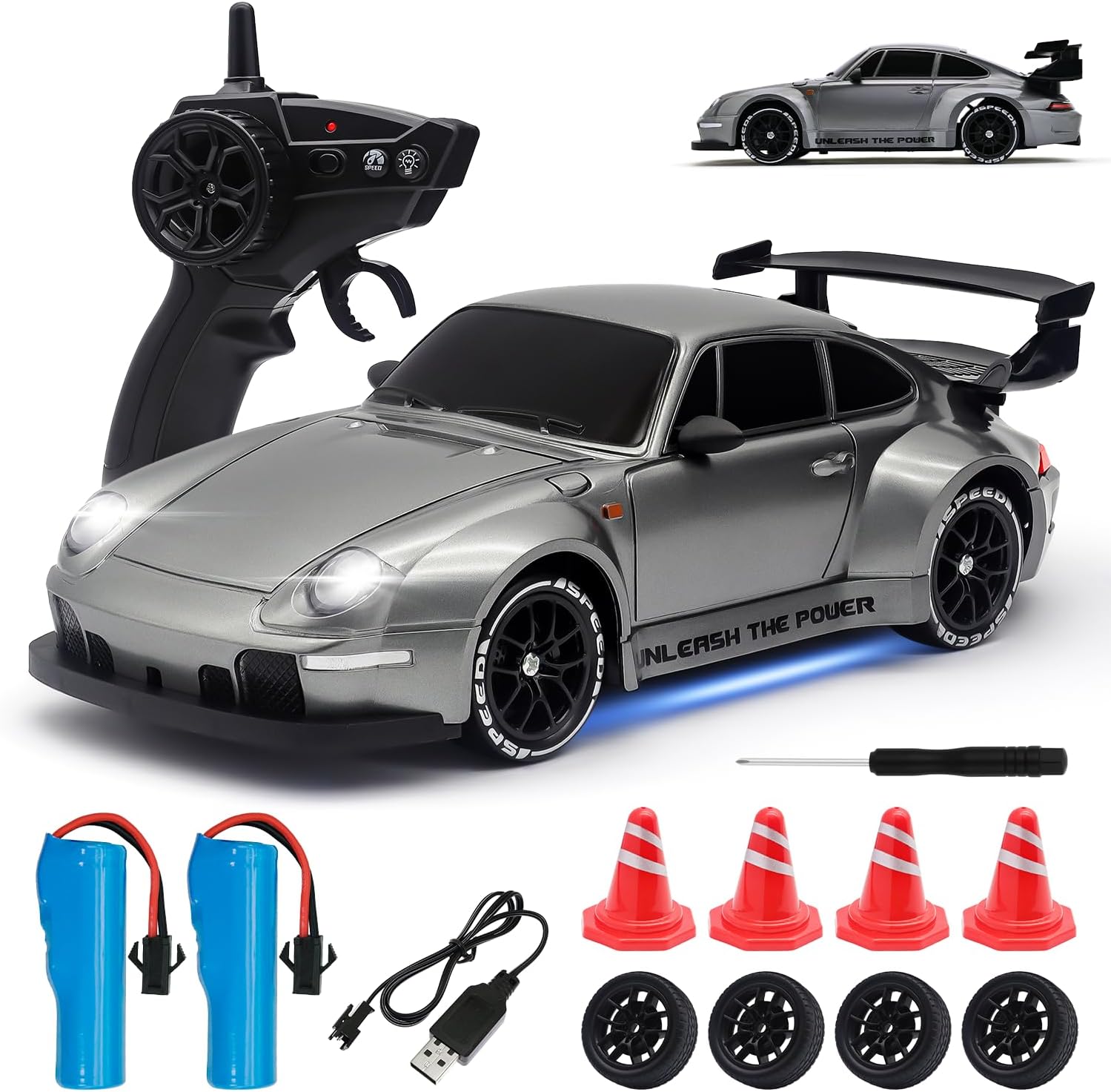 RC Drift Car,1:24 Scale Remote Control Car, 2.4GHz 20KM/H 4WD High Speed RC Cars for Kids with LED Light, Two Batteries,Drifting Tires,Racing Vehicle Toy for Adults Boys Girls Gray