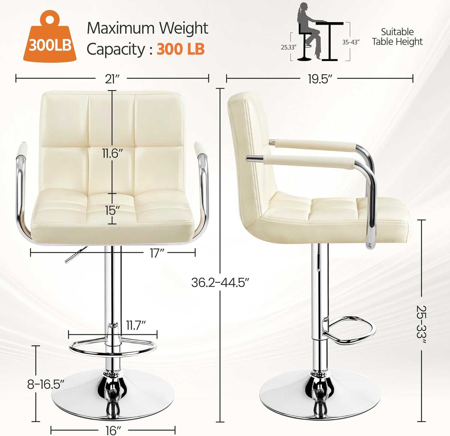 Yaheetech Bar Stools Set of 2, Swivel with Backs, Adjustable Height, White | 360° Swivel Barstools Feature Padded PU Leather Seats, Supportive Backs, 300 lb Capacity for Kitchen Islands