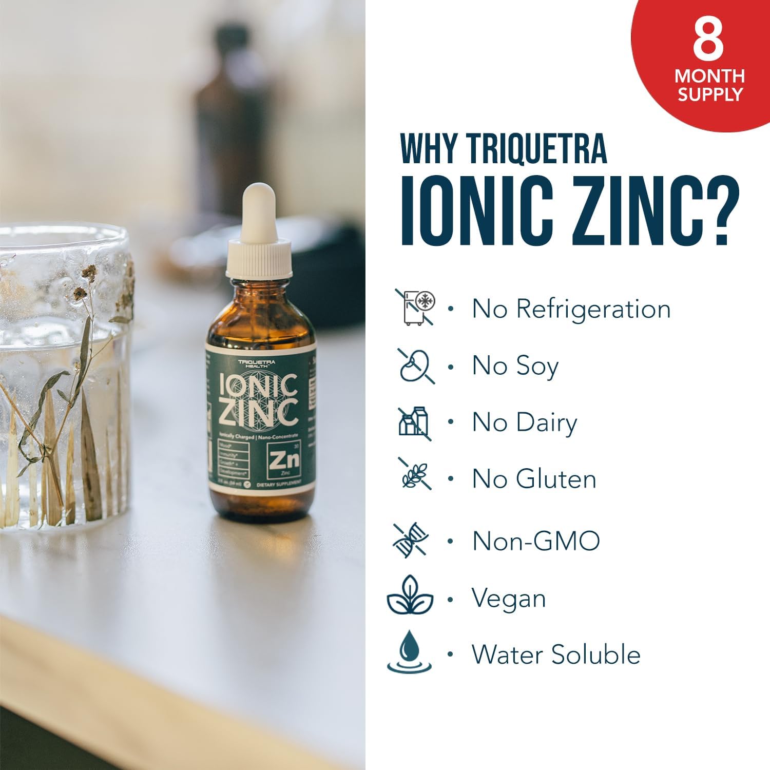 Ionic Liquid Zinc – 8 Month Supply, Adjustable Dosing for Adults – High Absorption, Vegan, Glass Bottle – Supports Immune System