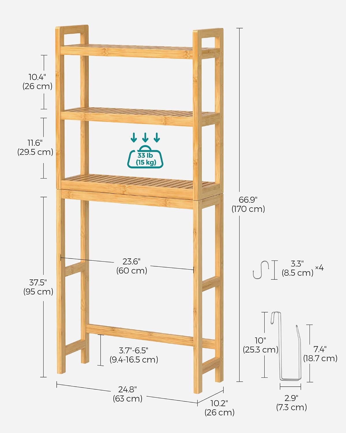 SONGMICS Over The Toilet Storage, 3-Tier Over Toilet Bathroom Organizer with Adjustable Shelf, 10.2 x 24.8 x 66.9 Inches, Space-Saving, Cloud White UBTS01WT