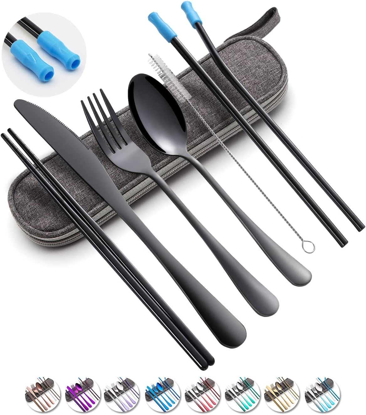Travel Utensils Set with Case Reusable Portable Cutlery Set Stainless Steel 8pcs Including Dinner Knife Fork Spoon Chopsticks Straws(Rainbow)
