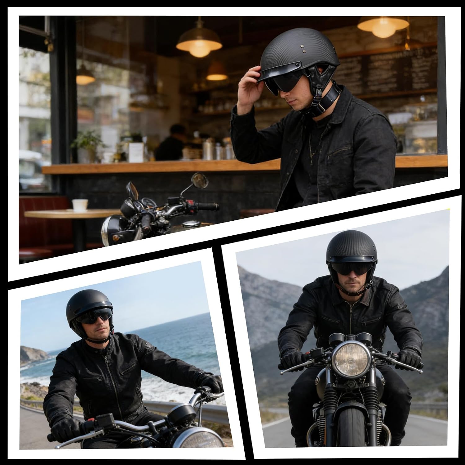 VCOROS Carbon Fiber Open Face Retro Motorcycle Half Helmet DOT