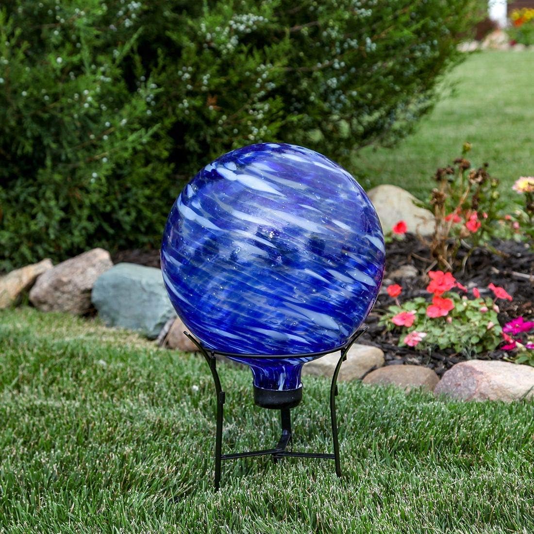 Lily's Home 10" Glass Gazing Ball, A Colorful Addition to Any Garden or Home with a 9-inch Tall Metal Stand